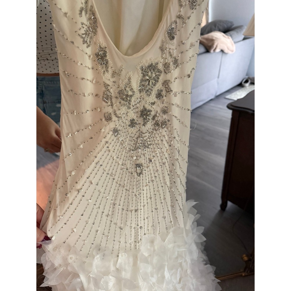Vintage Sue Wong Silk Beaded Bridal Gown White Sunburst Beaded Silver Appliqué - Picture 8 of 10